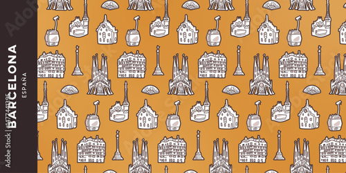 Pattern de Barcelone en Catalogne / Espagne avec des symboles de la ville : Cathédrale Sagrada Familia, Parc Güell, colonne, téléphérique, etc.