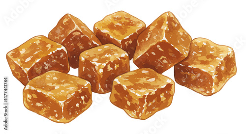 An Inviting Watercolor Illustration Showcases A Cluster Of Golden Brown Jaggery Chunks Their Cube Like Forms Catching The Light With Subtle Highlights Creating A Warm And Comforting Mood