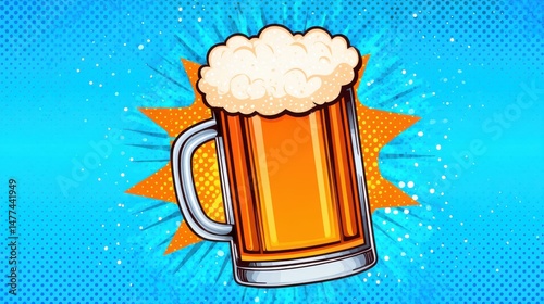 Frothy beer mug with bright blue background, vibrant illustration showcasing a refreshing drink, perfect for party themes.