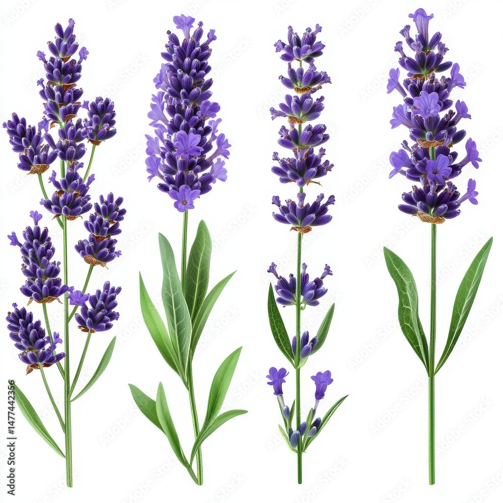 Naklejka premium Four Lavender Stems Against White Background