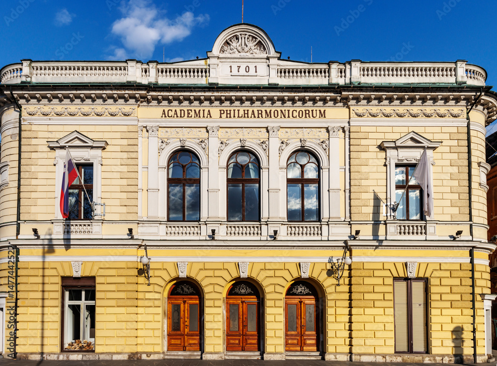 Obraz premium Exterior of the Academia Philharmnonicum, music theater and concert building in Ljubljana, Slovenia, Europe