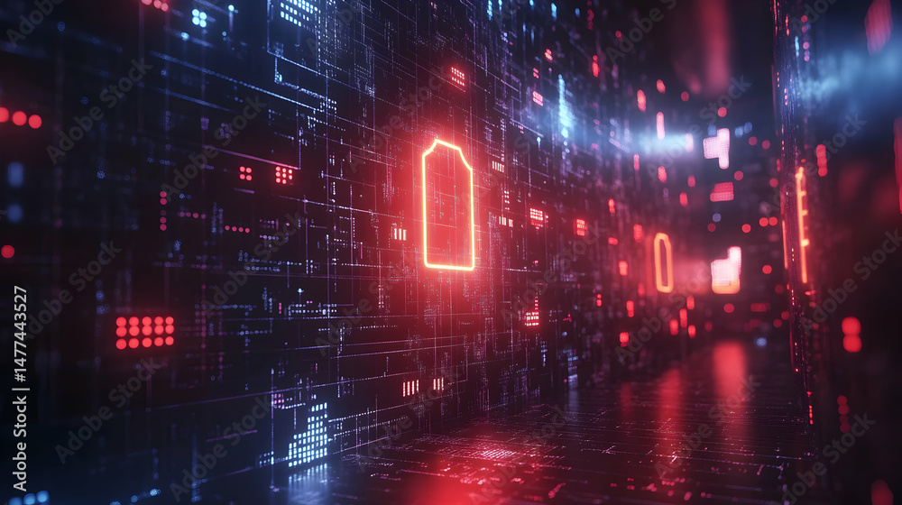 Obraz premium Futuristic Digital Landscape with Neon Lights and Data Patterns
