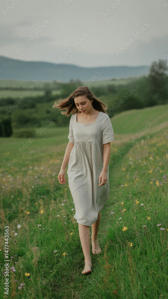 Young woman strolling through green meadow in quiet contemplation Young woman strolling through green meadow in quiet contemplation