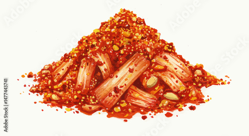 A Vibrant Hand Drawn Vector Illustration Captures A Flavorful Mound Of Kimchi Seasoning Showcasing Its Rich Texture Fiery Red Hues And Diverse Ingredients Against A Clean White Backdrop