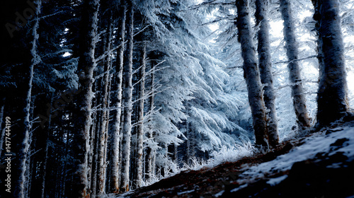 Snow cut across trees in a quiet timberland