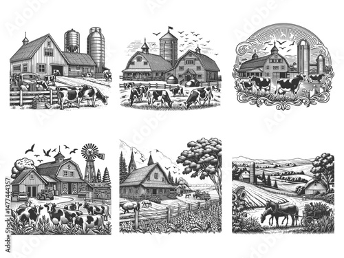 dairy farms with barns, silos, cows, fields, and classic farm equipment, rustic and agricultural themes Set collection bundle sketch engraving generative ai vector. Scratch board. Black and white.