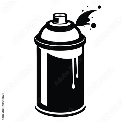 Single black aerosol spray can spurts paint in a minimalist monochromatic form