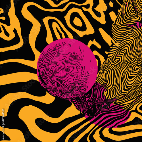 Vector illustration features bold, psychedelic liquid lines in yellow, black, and magenta, with a wavy sphere as the focal point. The artwork reflects the popular "psychedelic line art" trend.