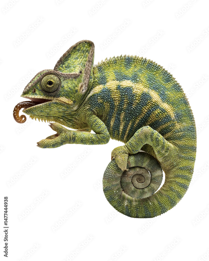 Obraz premium Colorful chameleon perched on a branch, blending into its surroundings in a lush environment