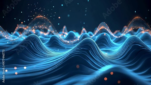 Abstract 3D Blue Data Waves with Glowing Particles and Digital Flow