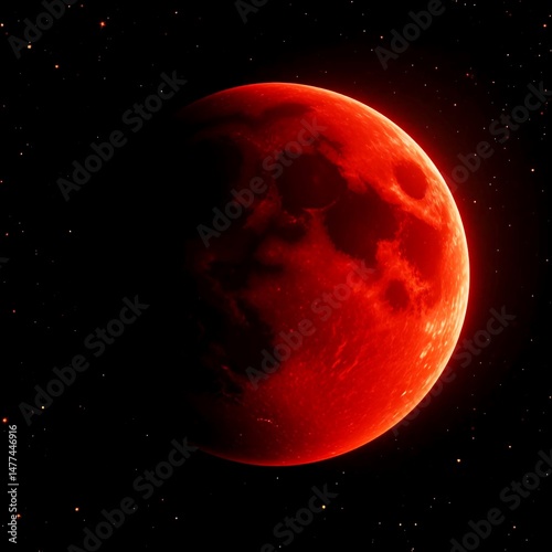 Glowing Red Blood Moon in Space During Lunar Eclipse with Starry Sky