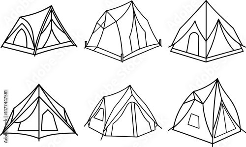 Set of camping tent outline vector illustration, line art