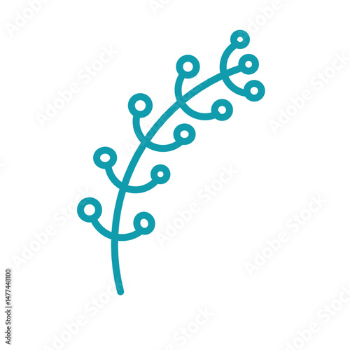 Stylized botanical illustration of a cyan sprig against a dark void background
