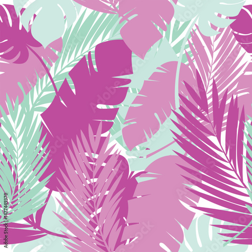 Bold seamless vector tropical leaf pattern in pink and mint. Great for summer-themed packaging, fabric prints and decorative digital projects.