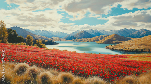 Vibrant carpet of remembrance poppies adorns a peaceful landscape. photo