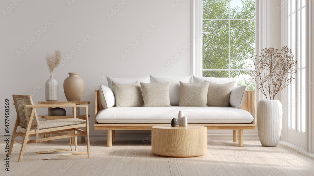 Fototapeta premium Serene Minimalist Living Room Interior Design with Wooden Furniture and Natural Decor