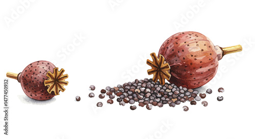 Watercolor Vector Illustration Featuring Scattered Poppy Seeds And Poppy Pods Against A White Backdrop Creating A Delicate And Organic Pattern That Evokes A Sense Of Natures Subtle Beauty