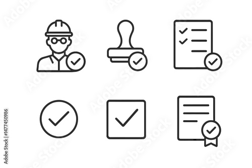 Vector icon set showcasing approval symbols including workers, checks, and certification elements for project completion