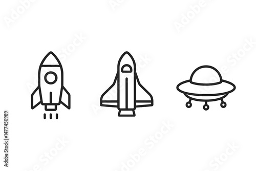 Vector icon of a rocket, space shuttle, and UFO designed for technology and space exploration themes