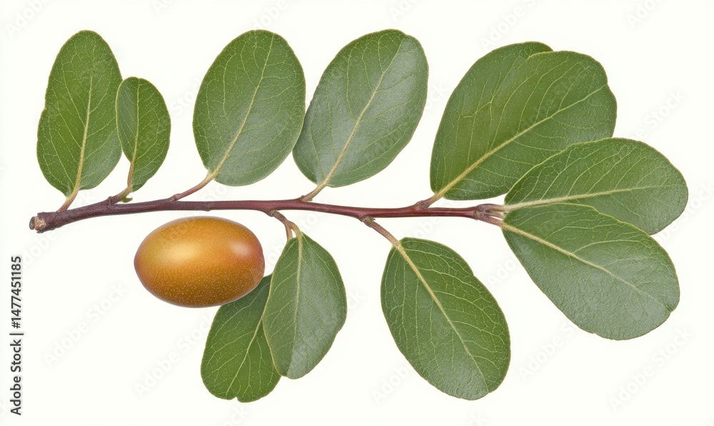 Obraz premium Ripe fruit on branch, green leaves, isolated, white background, food, nature