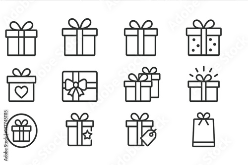 Collection of vector icons depicting various gift box designs suitable for celebrations and special occasions