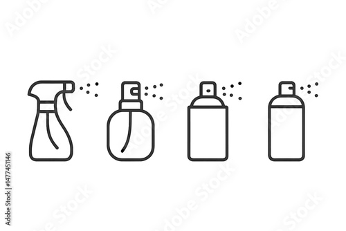 Vector icon set featuring various spray bottles for cleaning, personal care, and other uses in minimalist style