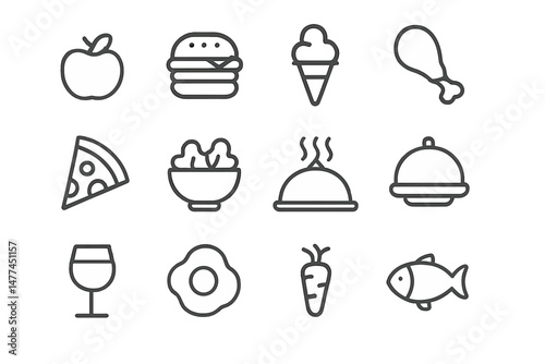 Illustrative vector icons showcasing a variety of food items including fruits, desserts, and main courses designed for culinary or nutrition themes
