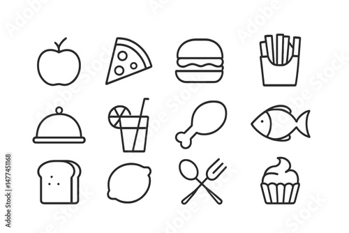 Collection of vector icons representing various food items and beverages suitable for menus or food-related designs
