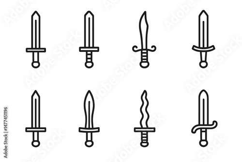 Collection of vector icons depicting various sword designs suitable for fantasy or historical themes in sleek and minimalist style