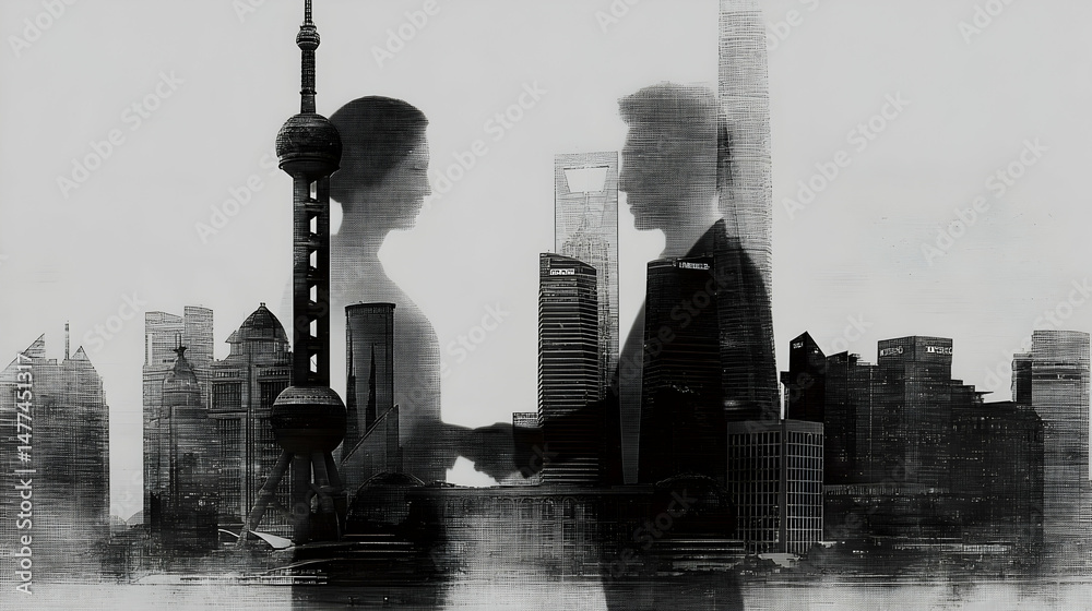 Fototapeta premium between young professionals with a financial district skyline