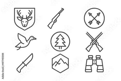 Icon set featuring various hunting symbols and outdoor elements suitable for nature-themed graphic design