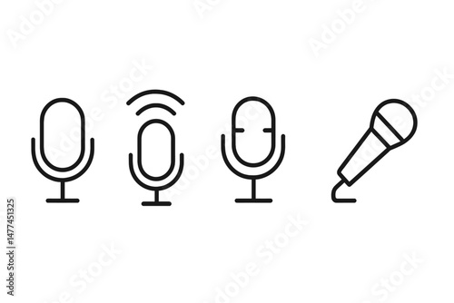 Vector icon set featuring different microphone designs for audio recording and broadcasting concepts