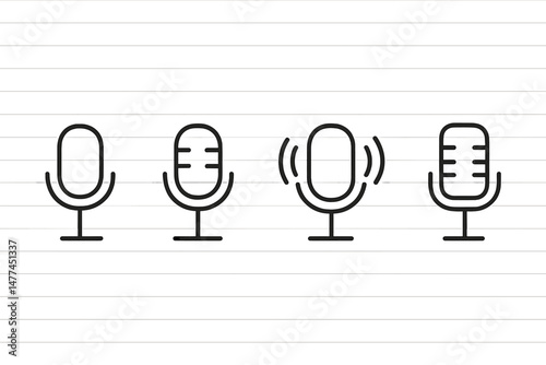 Vector icon set of microphones illustrating audio recording, broadcasting, and voice communication concepts