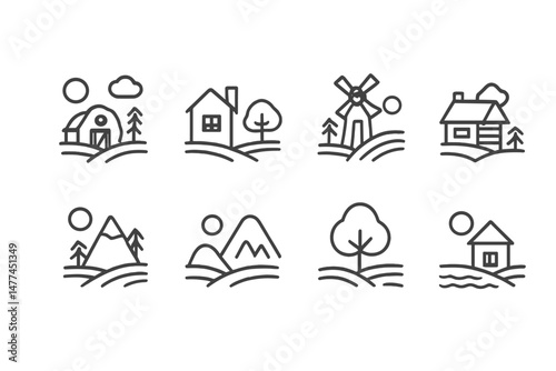 Vector icons depicting various rural landscapes with houses, mountains, and trees in simple line style