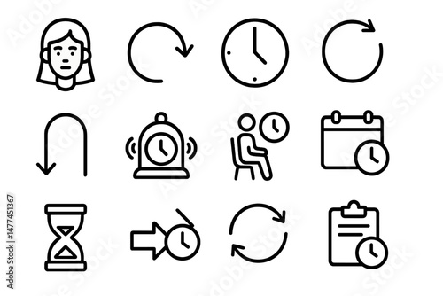 Collection of vector icons representing time management concepts including clocks, schedules, and reminders