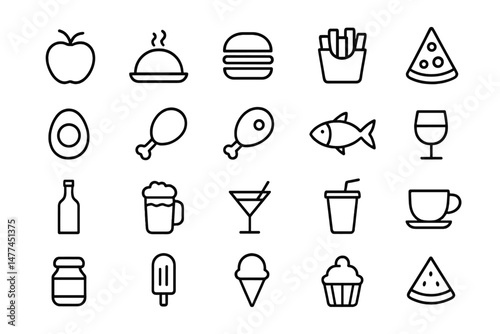 Food and drink vector icons representing various meal options and beverages for graphic design projects