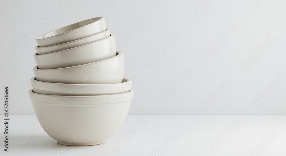 Obraz premium Stack of Off-White Ceramic Bowls on White Background