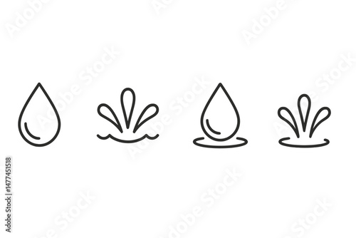 Water drop vector icons depicting varying splash effects in minimalistic design suitable for modern graphics