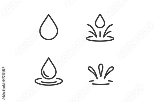 Vector icons depicting water drops and splash designs for various applications in graphics and web design
