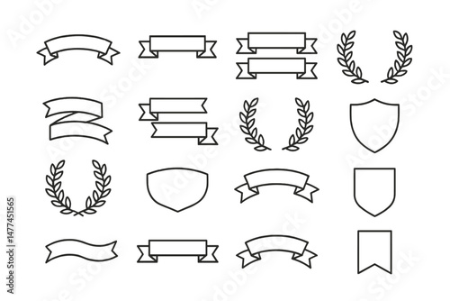 Collection of vector icons featuring decorative ribbons, laurel wreaths, and shields for design projects and graphics