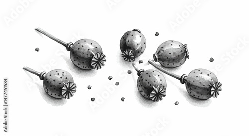 Detailed Ink Wash Illustration Shows Seed Pods Scattered On A Plain Background Creating A Somber Natural And Somewhat Melancholy Atmosphere Through Delicate Monochrome Rendering