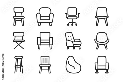 Collection of various vector icons representing different types of chairs for interior design projects