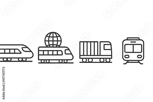 Vector icon set representing various modes of transportation including high-speed train, freight train, cargo truck, and commuter train