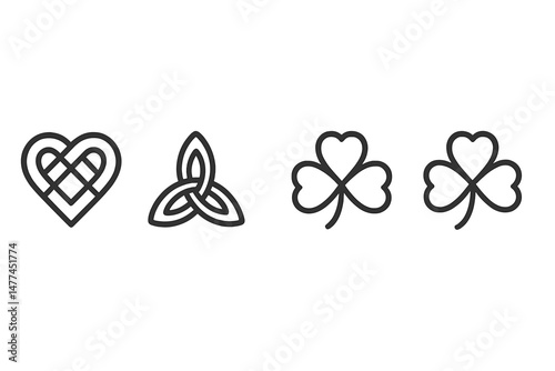 Celtic inspired vector icons featuring heart, trinity knot, and shamrocks for decorative and cultural purposes