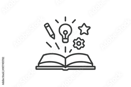 Open book with pencil, light bulb, star, and gears representing creativity and knowledge in vector icon style