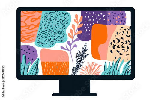Computer screen showing colorful abstract art with organic shapes and floral motifs