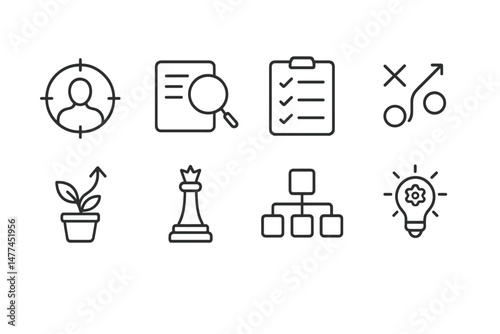 Vector icon set depicting various elements of strategy, planning, and growth in a minimalist style