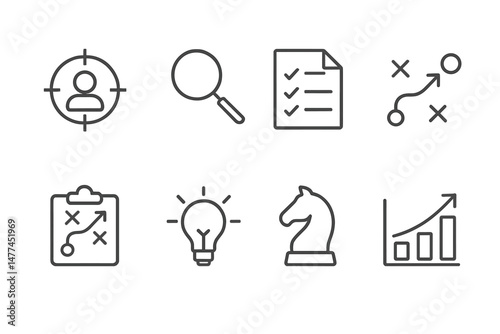 Vector icons depicting strategic planning, analysis, and decision-making elements in modern business scenarios