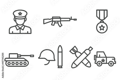 Military vector icon set featuring soldier, weapons, tank, and medals representing defense and warfare elements