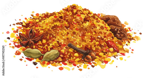 Watercolor Illustration Displaying A Vibrant Ras El Hanout Mix Showcasing Warm Hues And Aromatic Spices Like Star Anise Cardamom Clove And Pepper Flakes Creating A Culinary Artwork